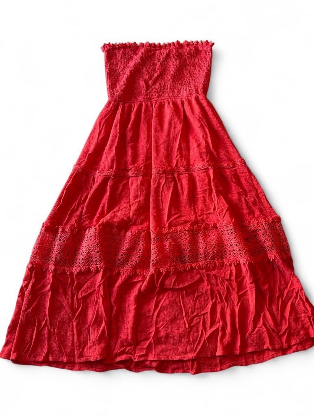 Strapless coral Dress with Crochet Panel
